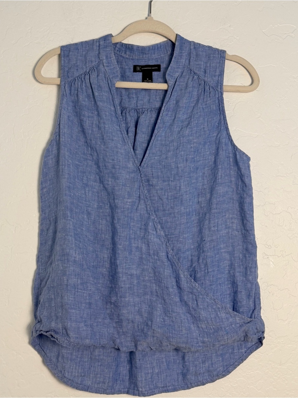 INC Women's Sz 8 100% Linen Top Sleeveless Faux Wrap-Front V-Neck Lightweight